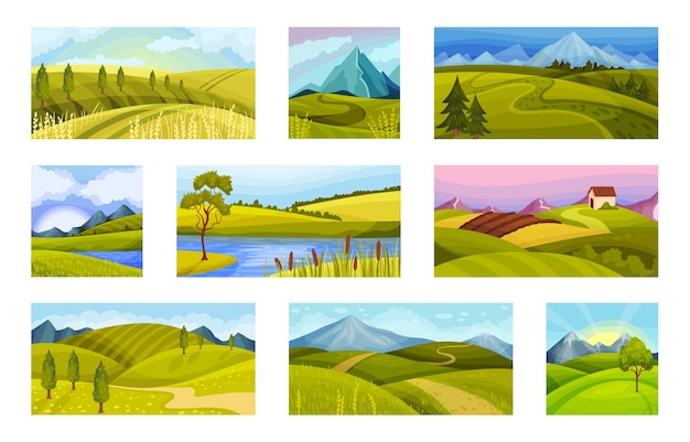 Зеленые пейзажи с холмами и ясным небом Векторный набор иллюстраций