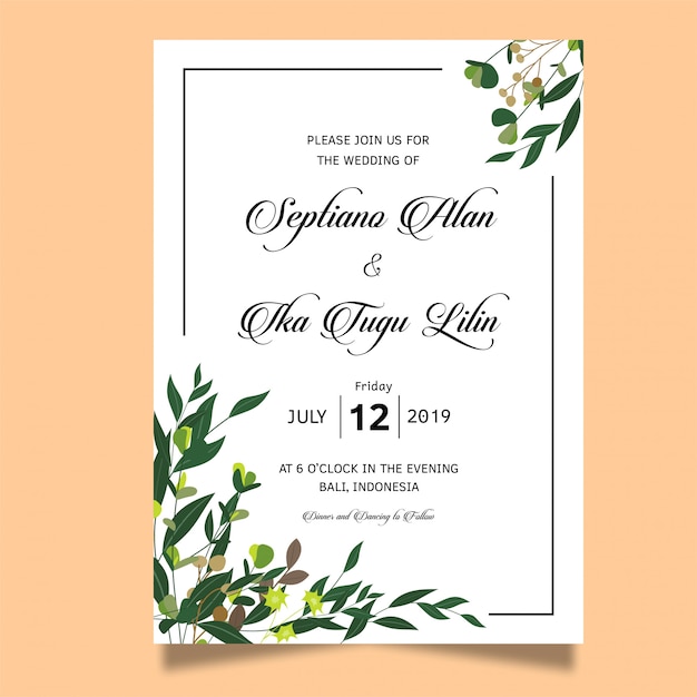 Green leaf frame wedding invitation card