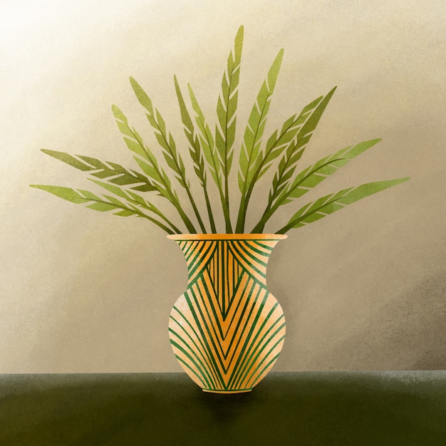 Green Leaf on Gold Vase illustration