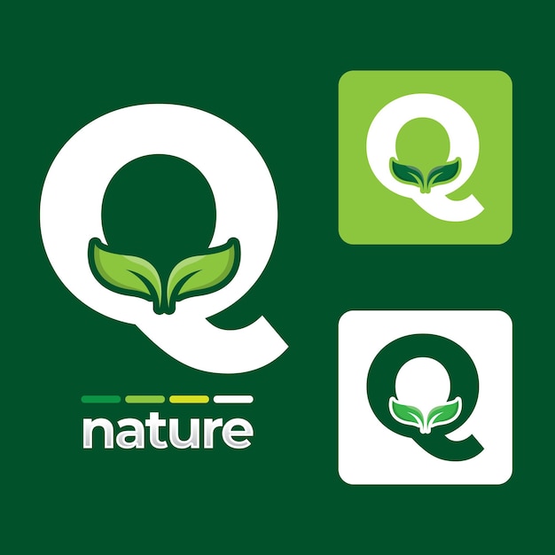 手紙qイラストテンプレートに設定された緑の葉のロゴアイコンは、エコとバイオのロゴの要素を残します