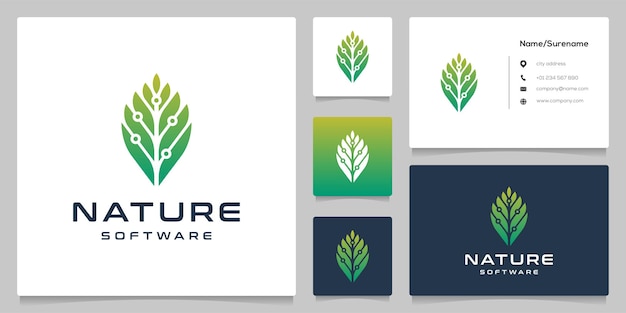 Green leaf met circuitsoftwaretechnologie logo design-idee
