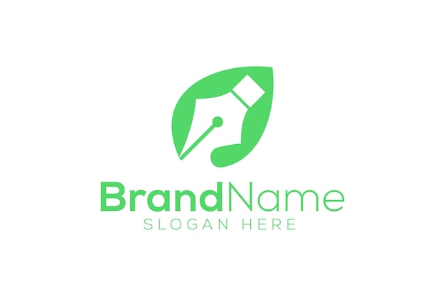 Green leaf and pen logo design vector template