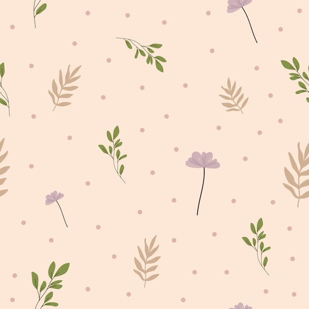 green leaf and purple flower seamless pattern with peach background