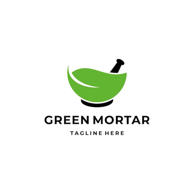 Green Leaf with Mortar and Pestle Pharmacy Medical Health Logo Design Inspiration