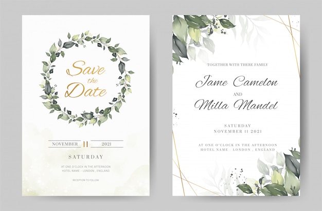 green leave watercolor background invitation template. gold frame. greeting card.