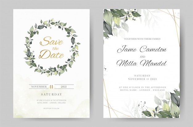 Vector green leave watercolor background invitation template. gold frame. greeting card.