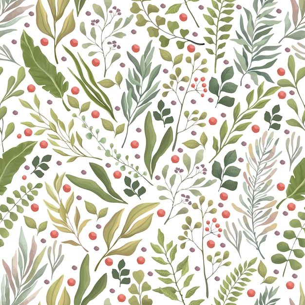 Green leaves, branches, and red berries seamless pattern. Summer or autumn foliage flat backdrop.