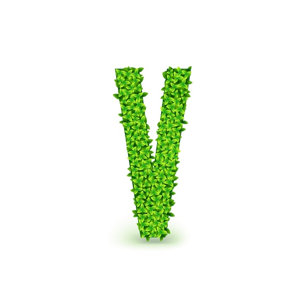 Green leaves font. capital letter v consisting of green leaves, vector illustration.