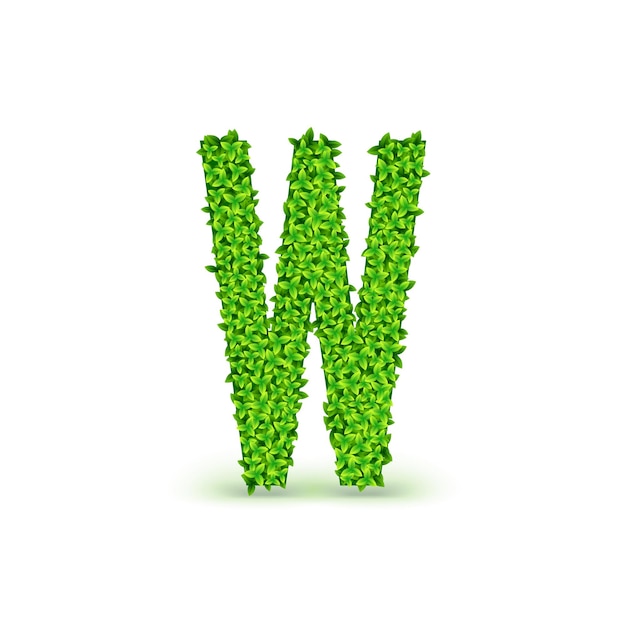 Вектор Шрифт green leaves. заглавная буква w, состоящая из зеленых листьев, векторные иллюстрации.