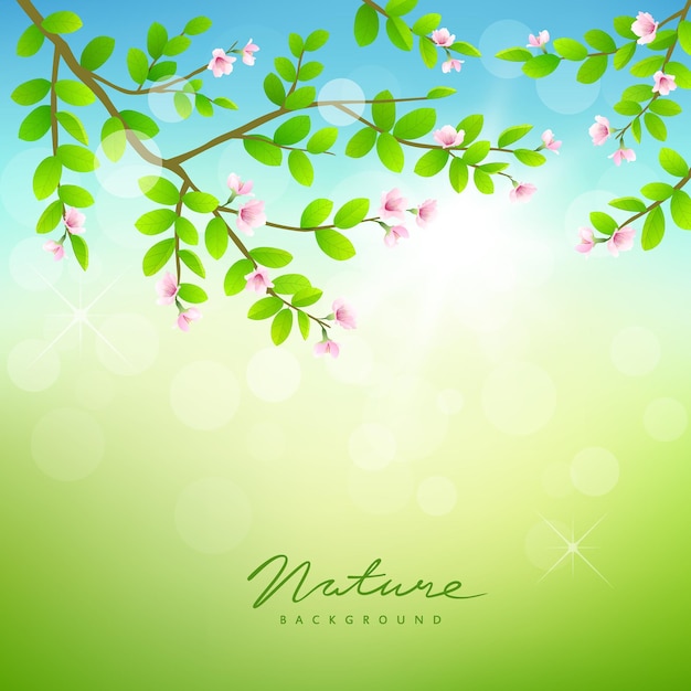 Green leaves and pink flower on green nature background
