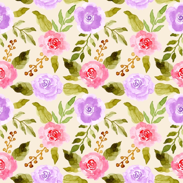 Vector green leaves pink purple flower watercolor pattern