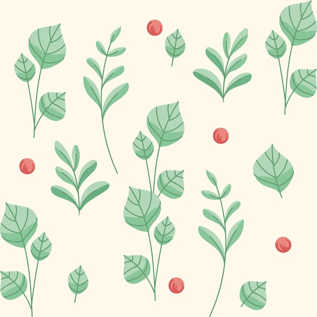 緑の葉と赤いベリーのシームレスなパターンセットベクトル