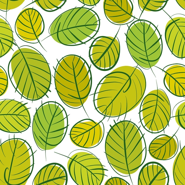 Green leaves seamless background, floral seamless pattern, hand drawn, vector.