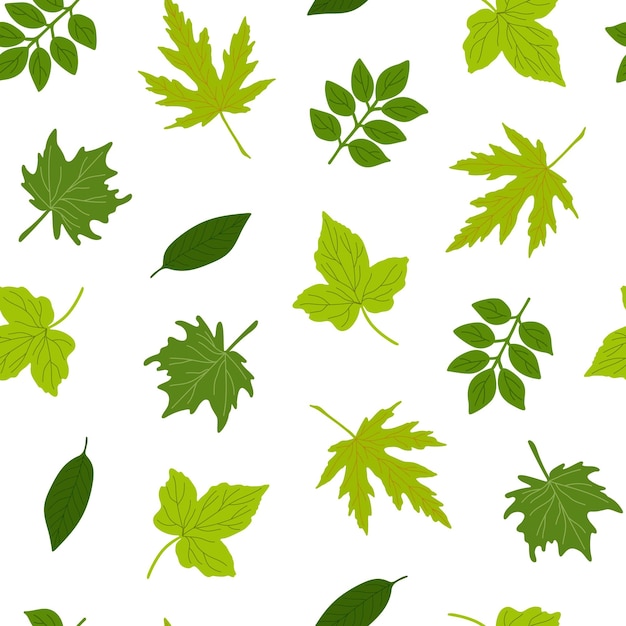 Green leaves seamless pattern flat style hand drawn natural floral ornament, autumn holiday decor