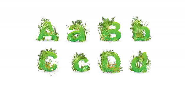 Green leaves vector alphabet. stylish abc with colorful tropical leaves, bushes, flowers and nature elements