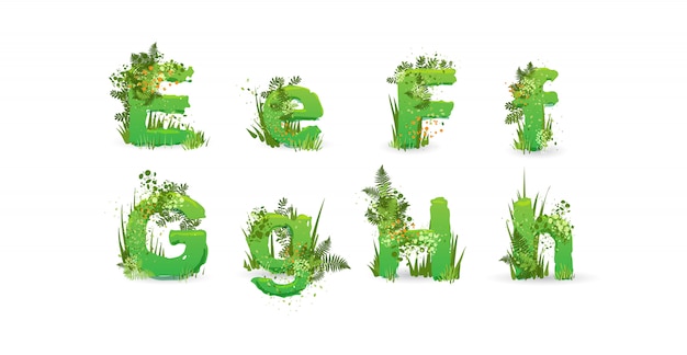 Green Leaves vector alphabet. Stylish ABC with colorful tropical leaves, bushes, flowers and nature elements