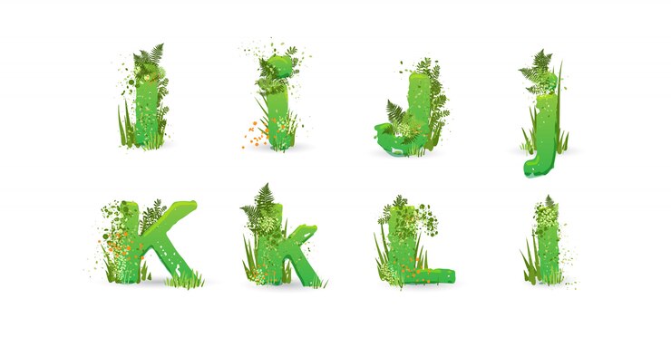 Vector green leaves vector alphabet. stylish abc with colorful tropical leaves, bushes, flowers and nature elements