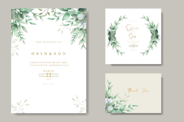 Green Leaves Watercolor Wedding Invitation Card Template