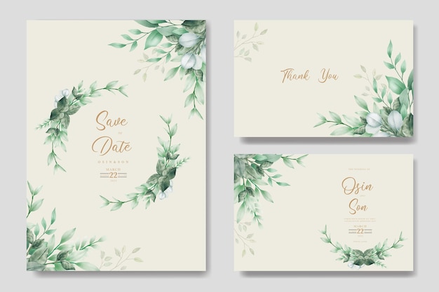 Green leaves watercolor wedding invitation card template