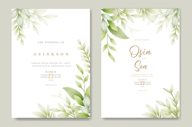 Green Leaves watercolor Wedding Invitation Card