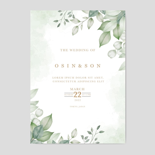 緑の葉の結婚式の招待カード テンプレート