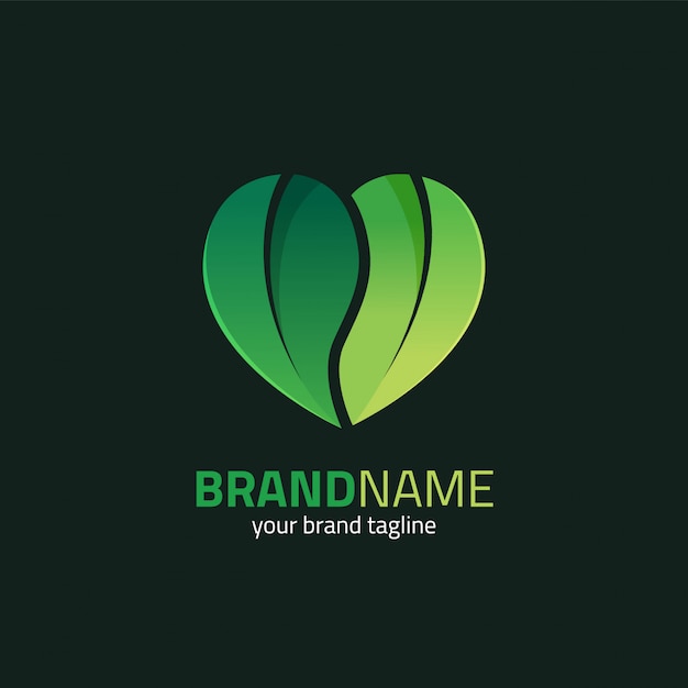 Green Leaves with heart shape Logo Design Template