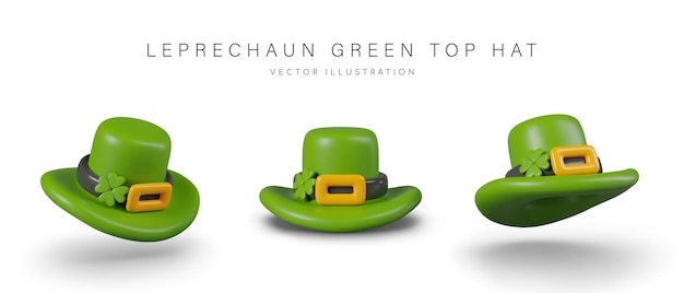 Вектор Зелёная шляпа леприкона с золотой пряжкой реалистичный элемент в разных позициях