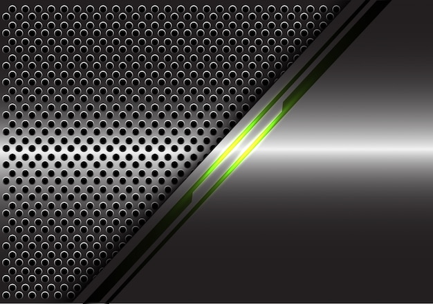 Энергия зеленого света линии на фоне серого металлического круга сетки.