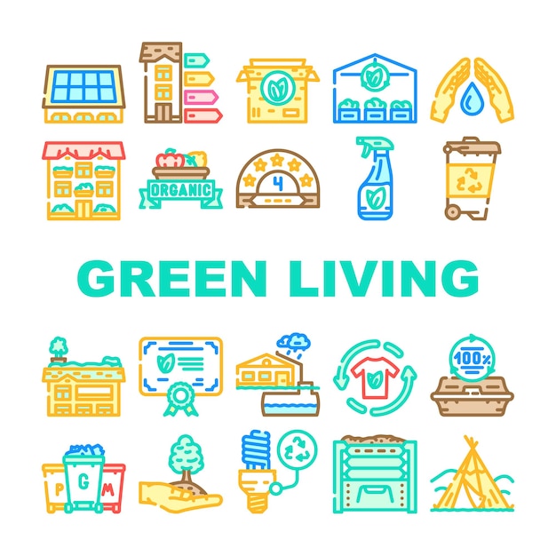 グリーンリビングエコアイコンセットベクトル環境自然健康エコロジークリーンホームインテリア都市エネルギーツリー保存グリーンリビングエコカラーラインイラスト