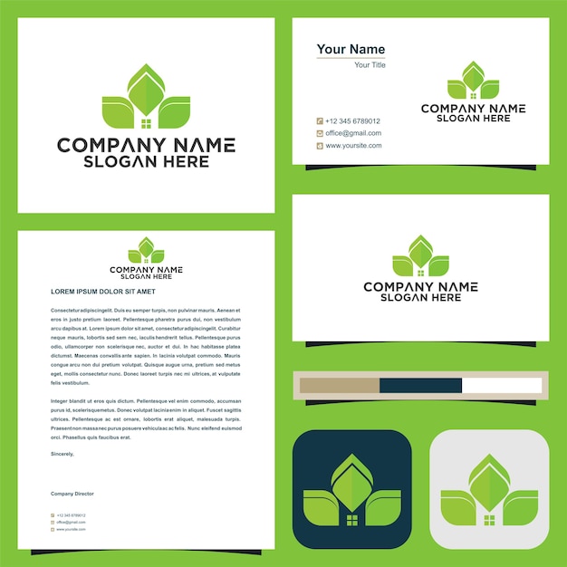 Вектор Зеленый логотип и визитка премиум