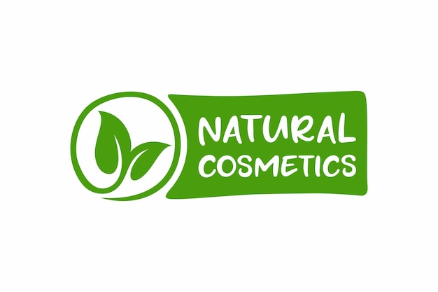 Green logo for natural cosmetics with a leaf on the bottom