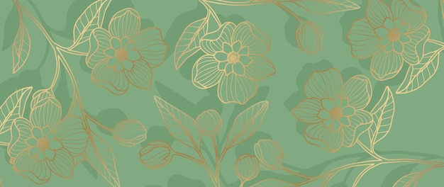 Green luxury vector illustration with golden flowers branches leaves and buds for decor covers backgrounds