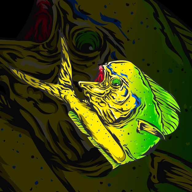 Зеленая рыба махи махи иллюстрация в винтажном стиле