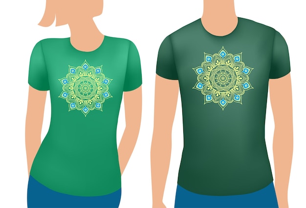 緑の男性と女性のtシャツの現実的なテンプレートと曼荼羅ベクトル