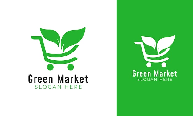 Logo del mercato verde con un concetto di foglia e carrello