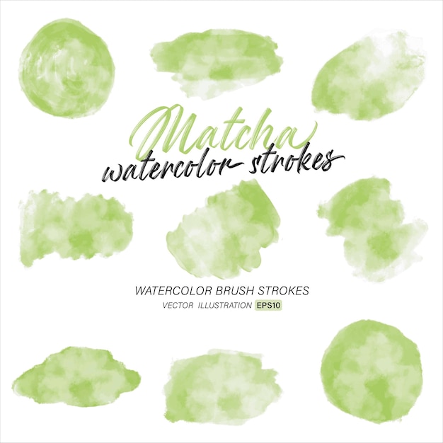 Green matcha watercolor splash and brush stroke clipart collection for decoration