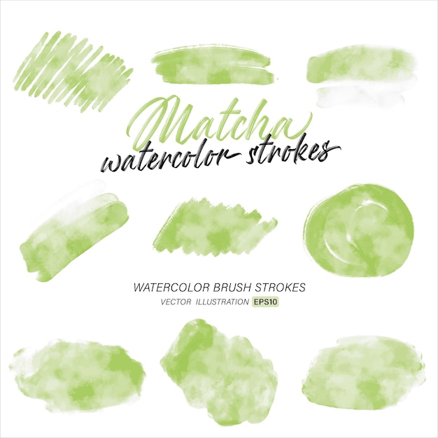 Green matcha watercolor splash and brush stroke clipart collection for decoration