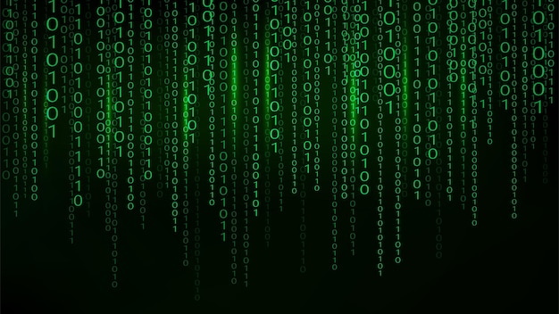 Green matrix background stream of binary code Falling numbers on dark backdrop Digital computer code Coding and hacking Vector illustration