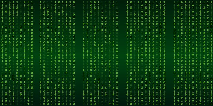 Vector green matrix background stream of binary code falling numbers on dark backdrop digital computer code coding and hacking vector illustration