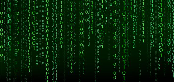 Vector green matrix background stream of binary code falling numbers on dark backdrop digital computer code coding and hacking vector illustration