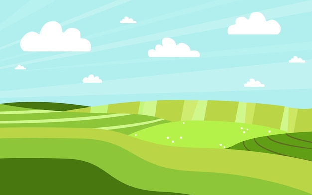 Зеленый луг, сельскохозяйственные поля, панорамный фон, яркая карикатура, иллюстрация, фон для дизайна упаковки, обложки, открытки, векторная карикатура, плоская иллюстрация