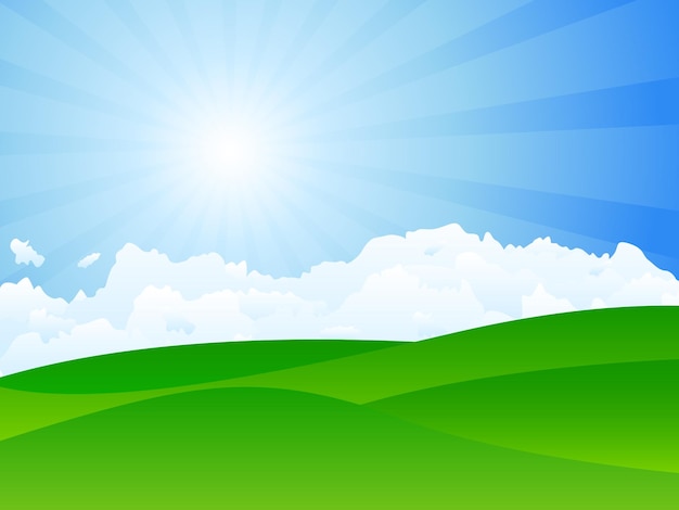 Vector green meadow sun and clouds vector illustration