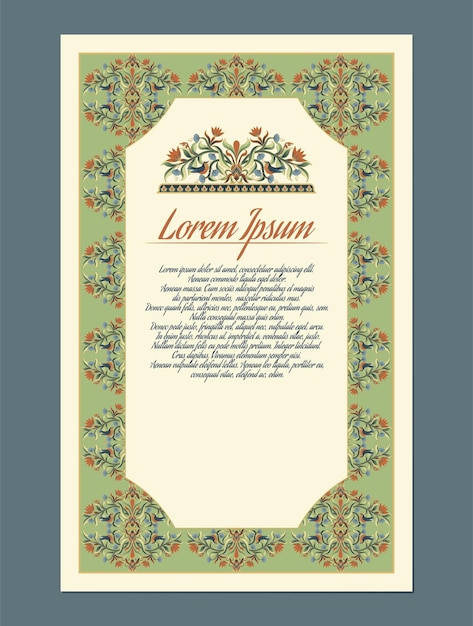 Green medieval style ethnic floral and bird pattern invitation card template