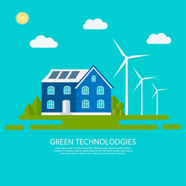 Green modern house with solar panels and wind turbine. Eco friendly alternative energy. Ecosystem infographics. Flat vector illustration.