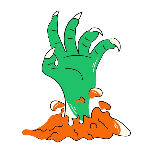 A green monster hand is coming out of a pile of orange dirt.