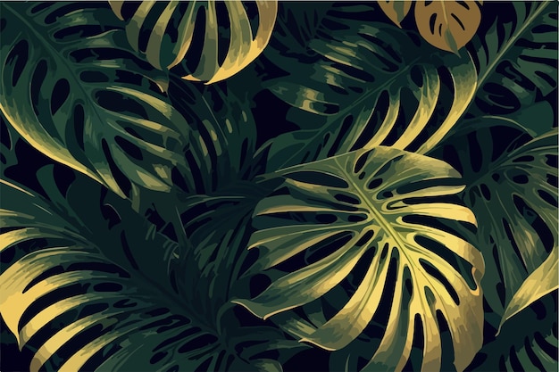 Вектор Зеленые листья монстеры, узор фона, плоский 2d дизайн