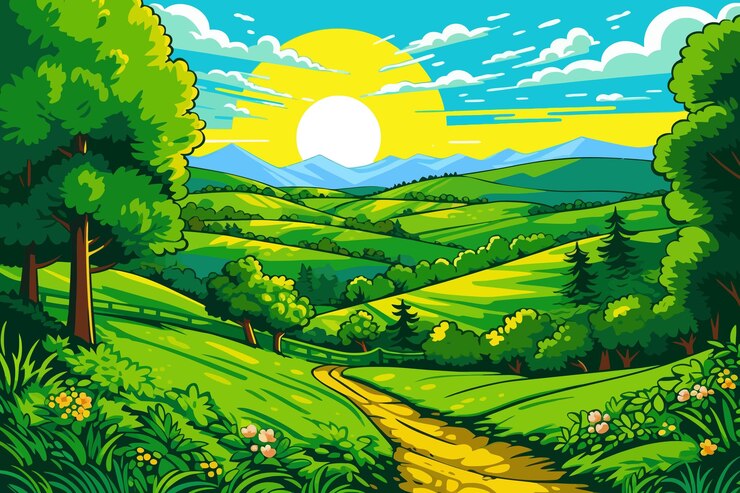 Vector green mountains forest cartoon background