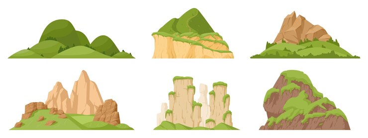 Vector 緑の山々 セット漫画の丘の頂上の山の緑のピークと岩の範囲自然風景山シルエット フラット ベクトル イラスト白背景に