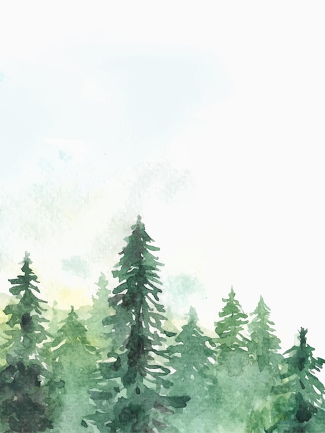 Vector green natural pine tree forest watercolor painting with copy space