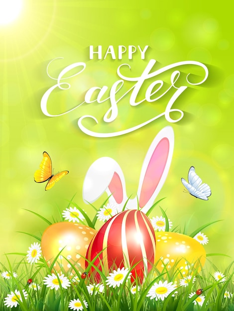 Green nature background with white rabbit and three Easter eggs and lettering Happy Easter